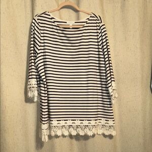 Charter Club Black and White Striped Blouse with Lace